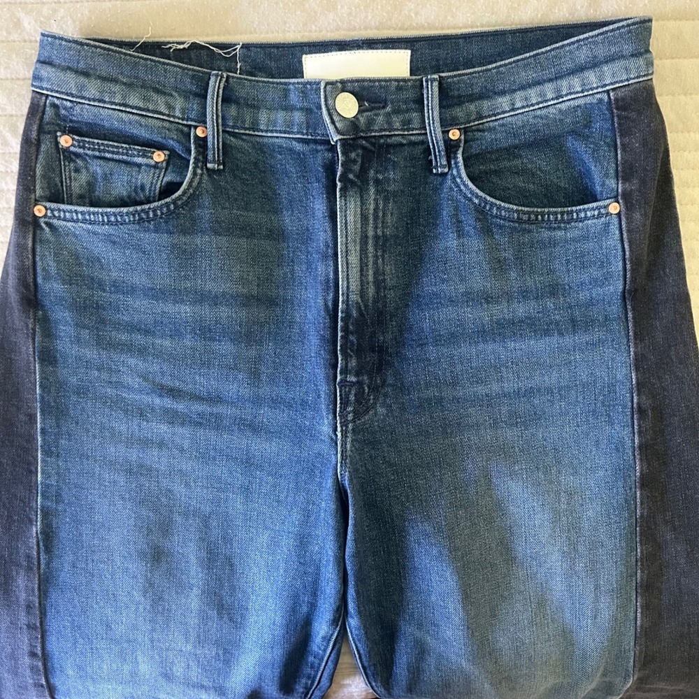 MOTHER Two-Tone Blue Cropped Wide Leg Jeans - Picture 4 of 11